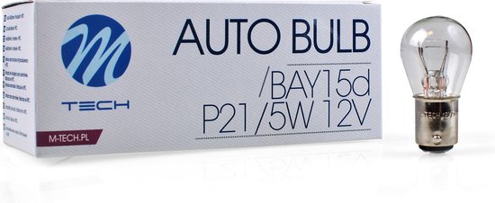 M-Tech auto lamp P21/5W 12V naast de verpakking met de tekst AUTO BULB.