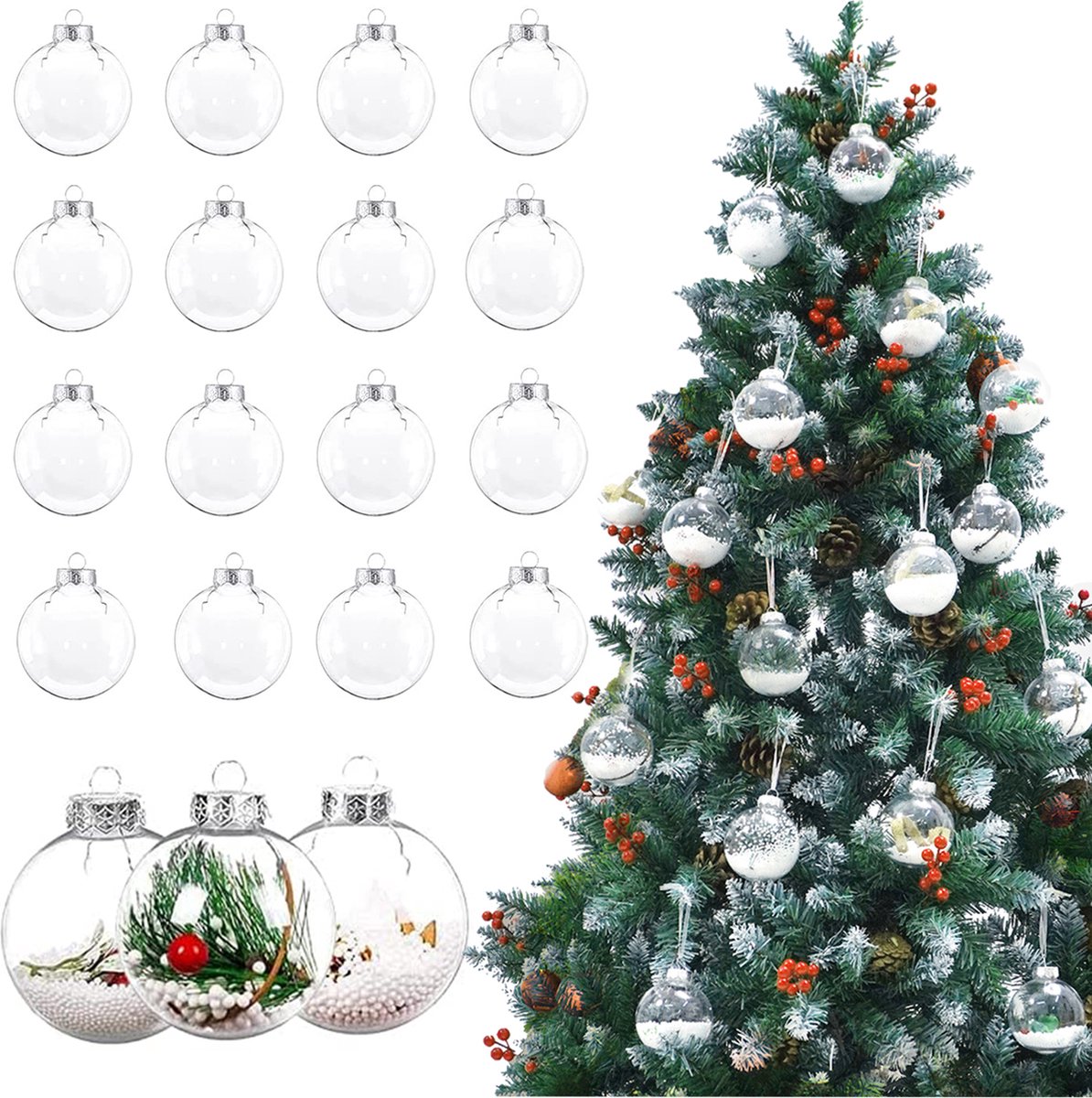 Uten - Kerstballen Plastic - kerstboom versiering - Christmas Gifts - kerstballen set - 16 stuks - kerstboom ballen - Ø8cm - transparant(wit)