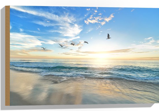 WallClassics - Hout - Meeuwen boven het Strand en Zee - 60x40 cm - 12 mm dik - Foto op Hout (Met Ophangsysteem)