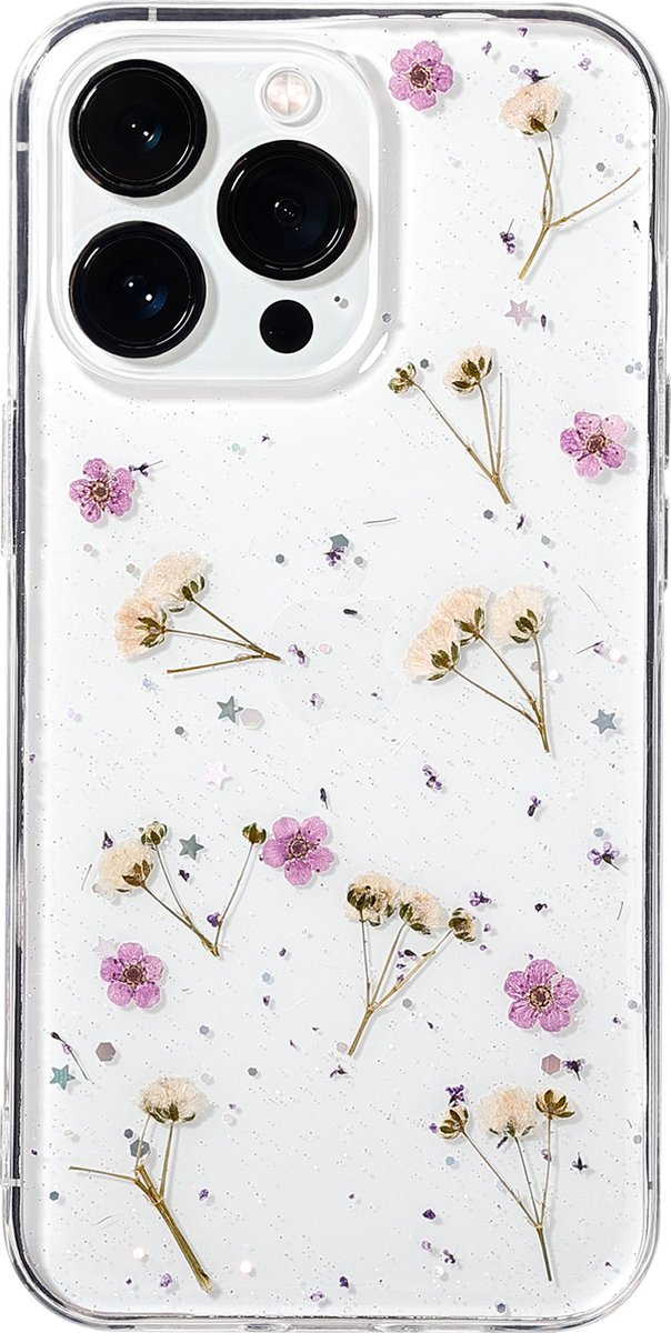 Casies Apple iPhone 14 gedroogde bloemen hoesje - Dried flower case - Soft cover TPU - droogbloemen - transparant