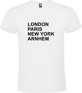 Wit T-shirt 'LONDON, PARIS, NEW YORK, ARNHEM' Zwart Maat M