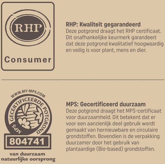 Certificeringszegels RHP en MPS voor Pokon Potgrond.