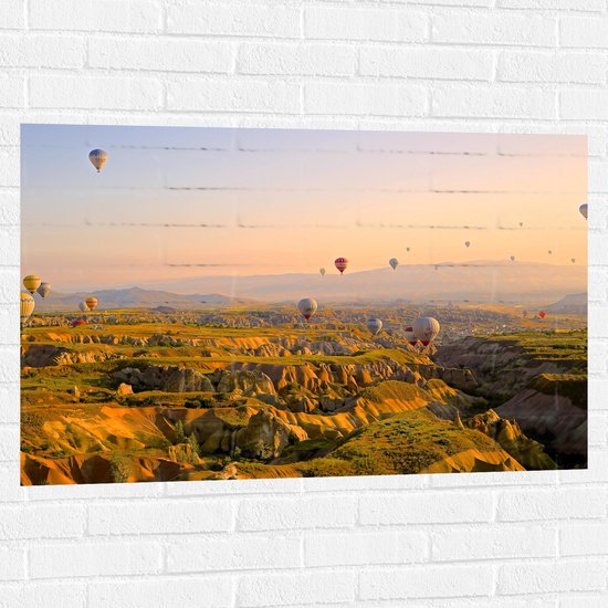 WallClassics - Muursticker - Luchtballonnen boven Bergen en Heuvels - 105x70 cm Foto op Muursticker