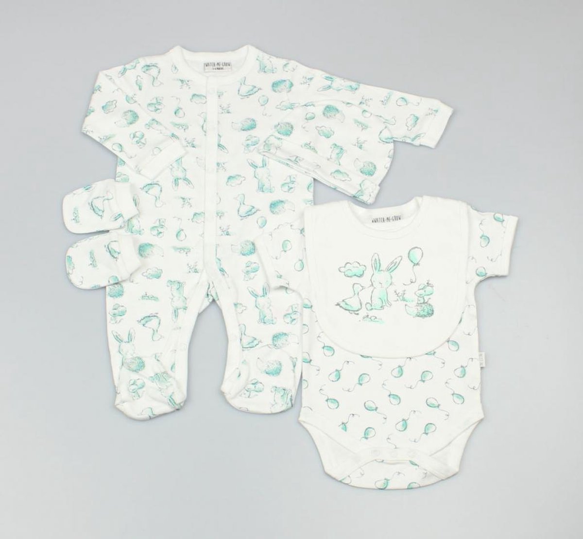 Goedkoopste Babyset met mintgroene dierenprint boxpakje romper mutsje slabbetje wantjes - 3/6M - maat 62/68