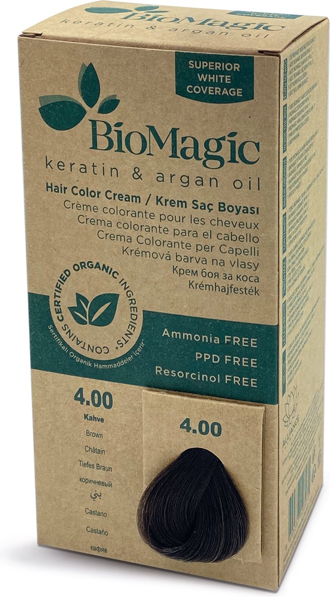 Permanente Haarverf met Biologische Ingrediënten BRUIN 4/00 BioMagic (*) Natuurlijke Haarverf in Apotheken [Ammoniak vrij/ PPD vrij/ Resorcinol vrij]