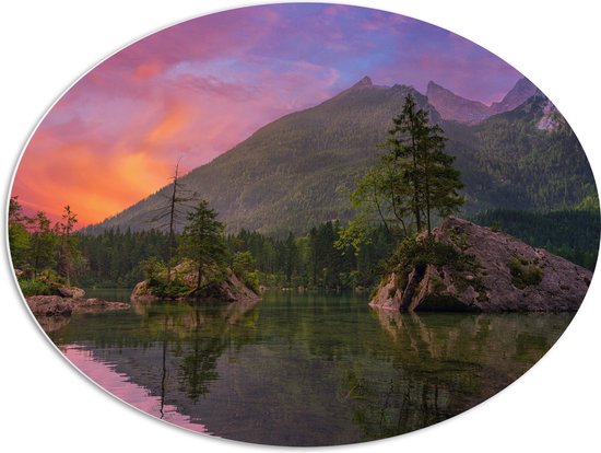 WallClassics - Plaque Ovale en Mousse PVC - Lac à Bos en Montagnes - 80x60 cm Photo sur Ovale (Avec Système d'accrochage)