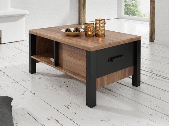 Trendmeubel - Table basse avec tiroir - Table basse carrée - Zwart - Chêne  - 90 cm -... | bol