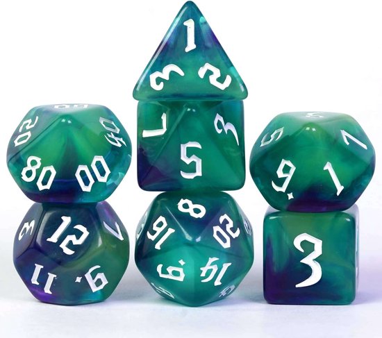 Afbeelding van het spel Lapi Toys - Dungeons and Dragons dobbelstenen - D&D dobbelstenen - D&D polydice - 1 set (7 stuks) - Acryl - Neon - Groen - Blauw
