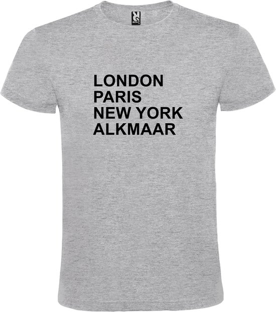 Grijs T-shirt 'LONDON, PARIS, NEW YORK, ALKMAAR' Zwart Maat XS