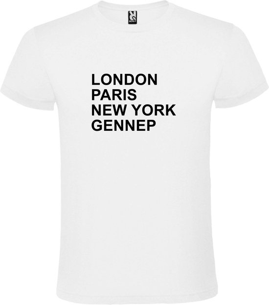 Wit T-shirt 'LONDON, PARIS, NEW YORK, GENNEP' Zwart Maat 4XL