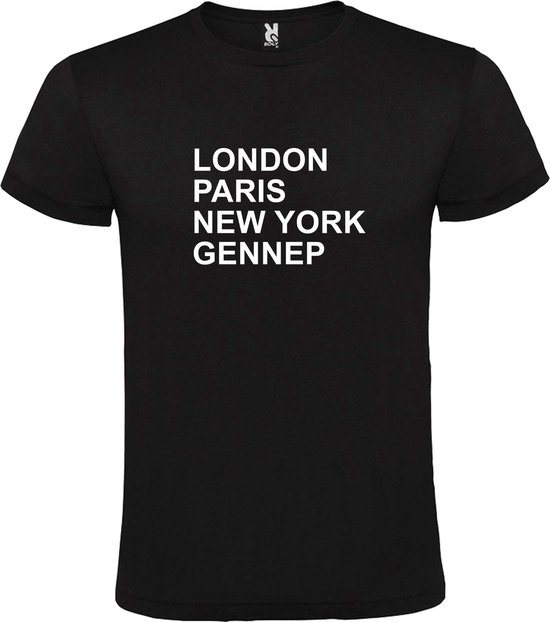 Zwart T-shirt 'LONDON, PARIS, NEW YORK, GENNEP' Wit Maat 5XL