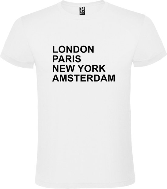 Wit T-shirt 'LONDON, PARIS, NEW YORK, AMSTERDAM' Zwart Maat 5XL
