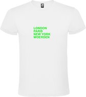 Wit T-shirt 'LONDON, PARIS, NEW YORK, WOERDEN' Groen Maat XS