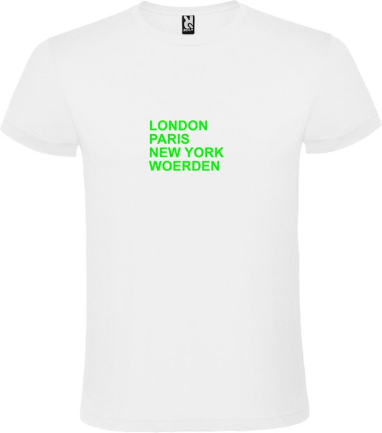 Wit T-shirt 'LONDON, PARIS, NEW YORK, WOERDEN' Groen Maat S