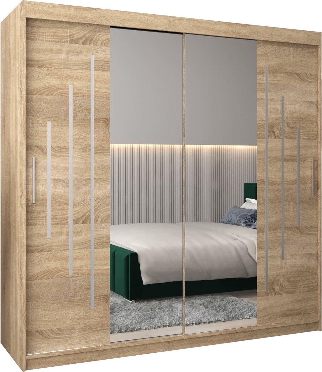 InspireME Kledingkast met 2 schuifdeuren, Modern-stijl, Een kledingkast met planken en een spiegel (BxHxD): 200x200x62 - MALTESE I 200 Sonoma Eik met 4 lades