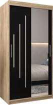 InspireMe - Kledingkast met 2 schuifdeuren, Modern-stijl, Een kledingkast met planken en een spiegel (BxHxD): 100x200x62 - MALTESE II 100 Sonoma Eik + Zwart Mat met 2 lades