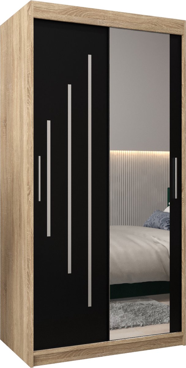 InspireME Kledingkast met 2 schuifdeuren, Modern-stijl, Een kledingkast met planken en een spiegel (BxHxD): 100x200x62 - MALTESE II 100 Sonoma Eik + Zwart Mat met 2 lades