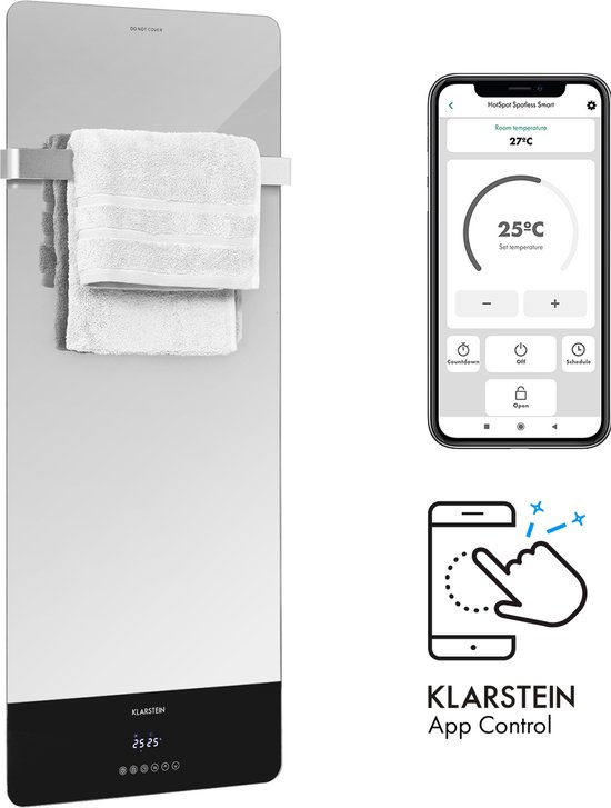 Klarstein Hot Spot Crystal Reflect Smart - Infrarood Verwarming - 850W - App - Elegant En Praktisch - Voor In De Badkamer - IP Klasse 24 - Te Bedienen Via Wifi - Krachtig - Stofvrij - Timer - Revolutionaire Warmtechniek - Spiegel - Zwart