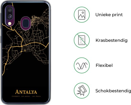 Telefoonhoesje Geschikt voor Samsung Galaxy A40 hoesje - Antalya - Kaart - Goud - Siliconen Telefoonhoesje Telefoonhoesje