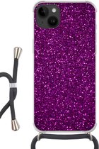 Geschikt voorApple Iphone 14 Plus - Crossbody Case - Paars - Roze - Patronen - Abstract - Siliconen - Crossbody - Backcover met Koord - Telefoonhoesje met koord - Hoesje met touw