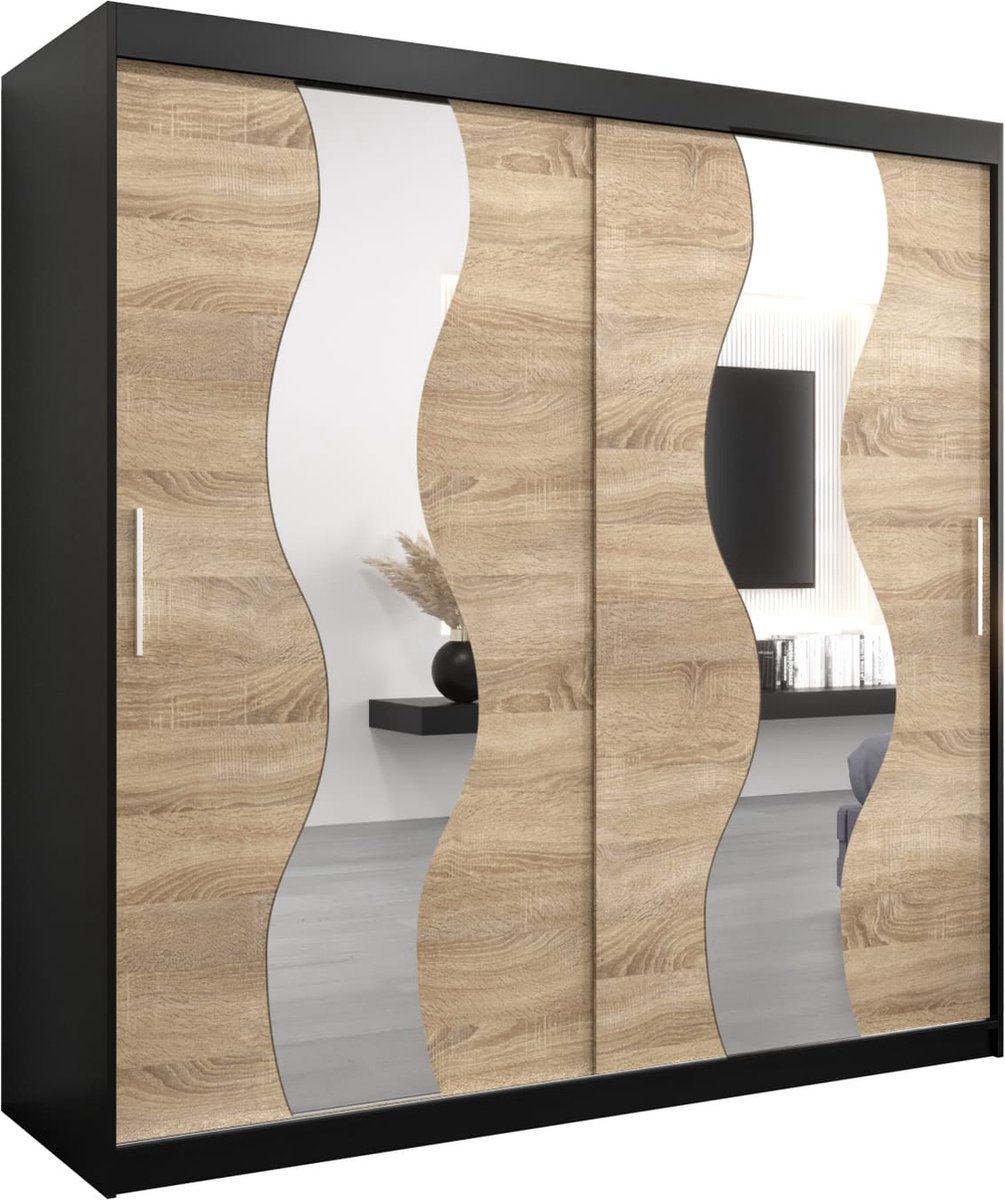 InspireME Kledingkast met 2 schuifdeuren, Modern-stijl, Een kledingkast met planken en een spiegel (BxHxD): 200x200x62 - REESE 200 Zwart Mat + Sonoma Eik met 4 lades