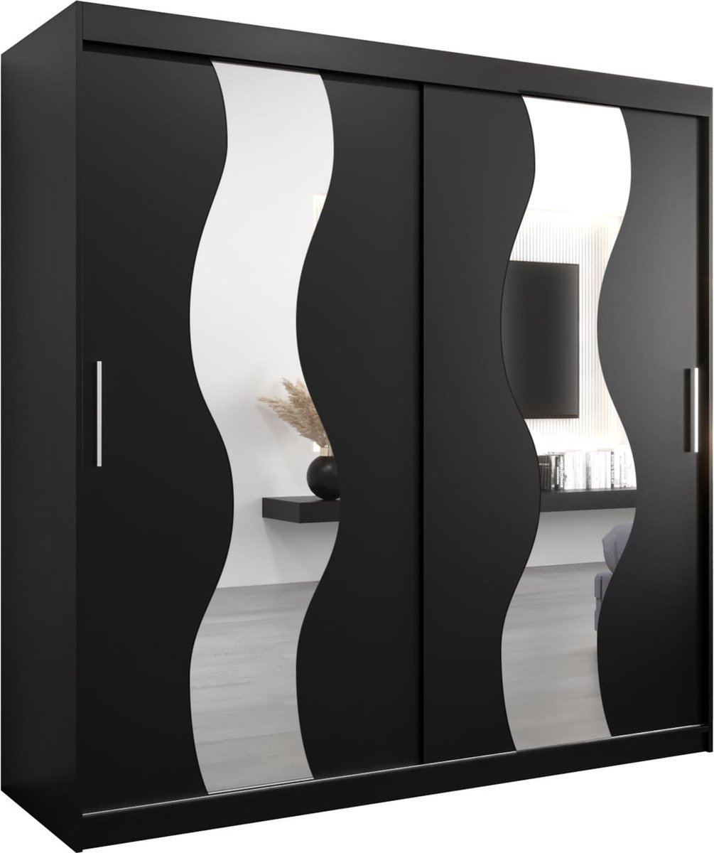 InspireME Kledingkast met 2 schuifdeuren, Modern-stijl, Een kledingkast met planken en een spiegel (BxHxD): 200x200x62 - REESE 200 Zwart Mat met 4 lades
