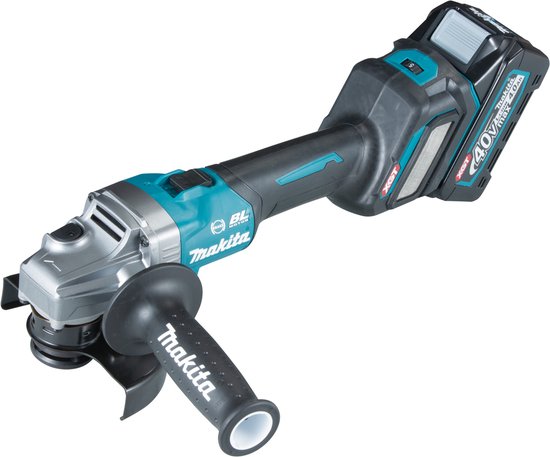 Turquoise en zwarte Makita haakse slijper met 40V XGT accu.
