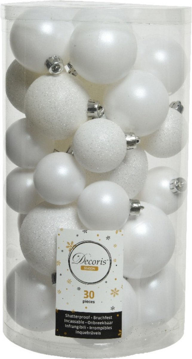Decoris kerstballen - 30x st - wit - 4-5-6 cm - kunststof - kerstversiering