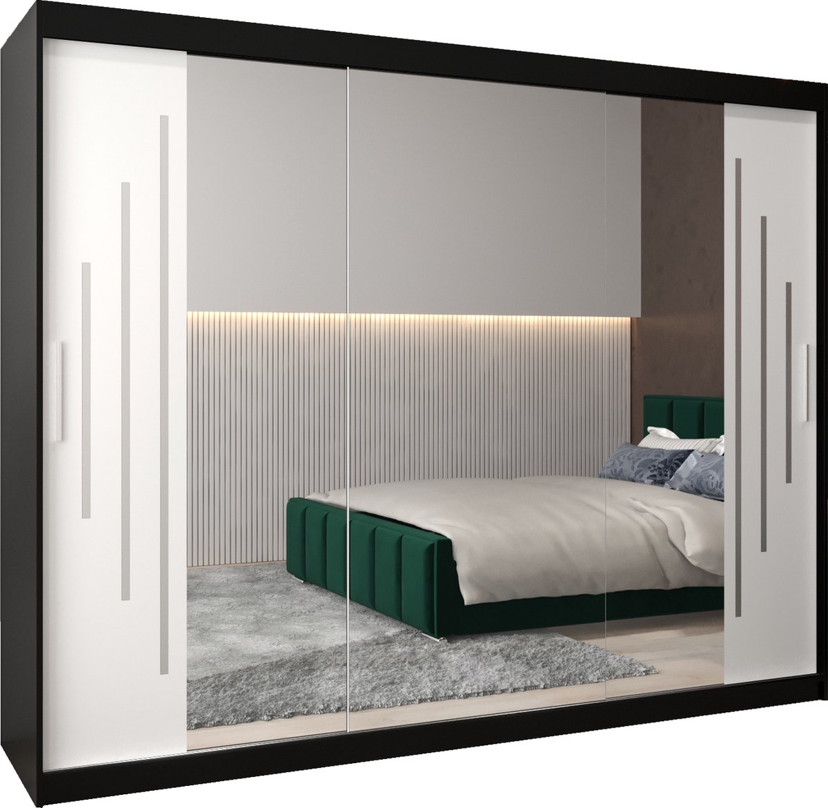 InspireME Kledingkast met 3 schuifdeuren, Modern-stijl, Een kledingkast met planken en een spiegel (BxHxD): 250x200x62 - MALTESE II 250 Zwart Mat + Wit Mat