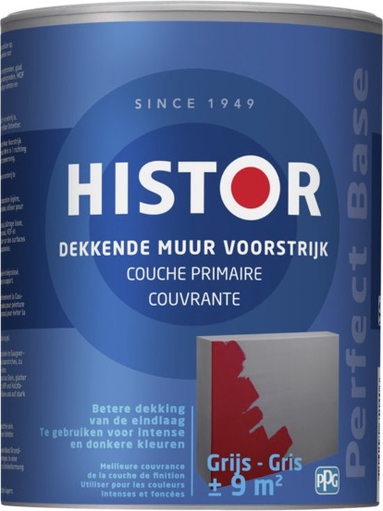 Blik Histor muurverf dekkende voorstrijk, grijs, met details van tegel en verf.