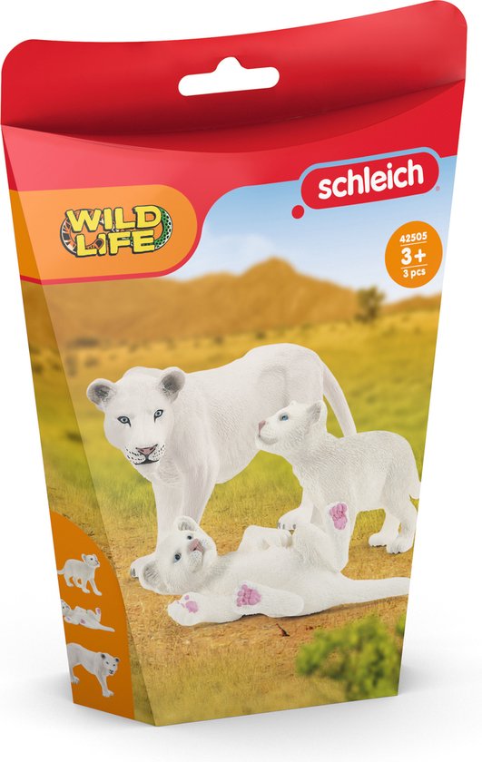 Verpakking van Schleich met witte leeuwin en twee welpjes op een savanne-achtergrond.