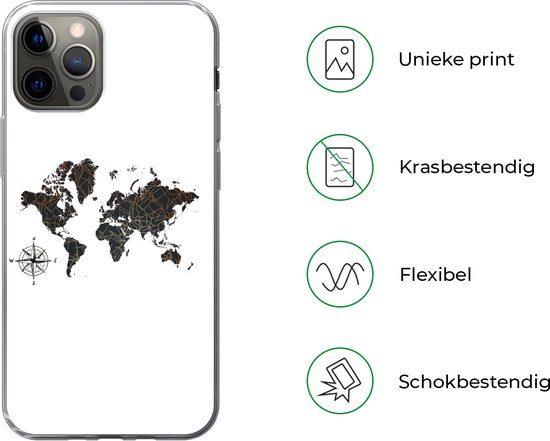 Coque iPhone 13 Pro - Wereldkaart - Or - Zwart - Rose des Vents - Siliconen