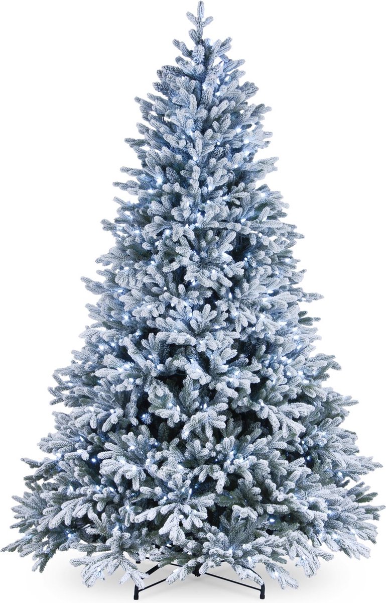 Snowy Hamilton kunstkerstboom 213 cm - Kunstkerstbomen - Ø 140 cm - 3.929 tips - 600 ledlampjes - besneeuwd - metalen voet
