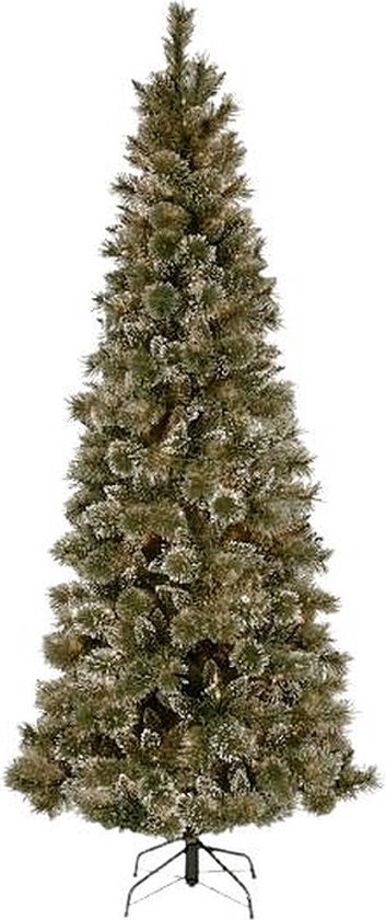 Glittery Bristle kunstkerstboom - 213 cm - groen - Ø 65 cm - 812 tips - besneeuwd, dennenappels & glitter - metalen voet