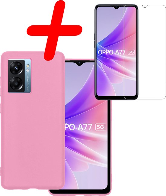 Hoes Geschikt voor OPPO A77 Hoesje Siliconen Back Cover Case Met Screenprotector - Hoesje Geschikt voor OPPO A77 Hoes Cover Hoesje - Lichtroze