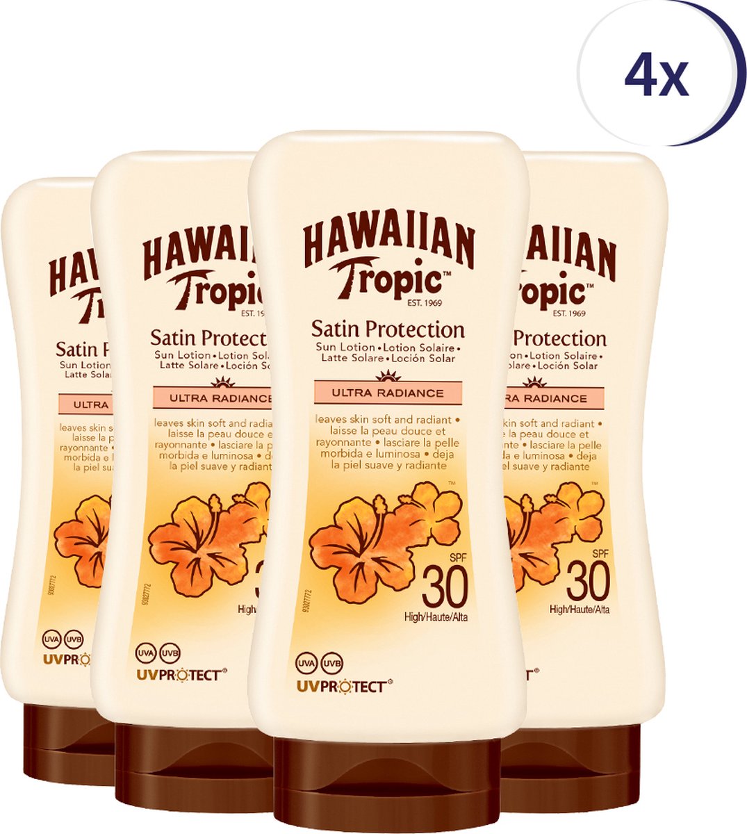 Goedkoopste Hawaiian Tropic Satin Protection Sun Lotion - SPF30 - 180ml - 4 Stuks - Zonnebrand - Tropische geur - Dermatologisch getest - Waterbestendig - Voordeelverpakking