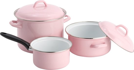 Emaille Kookpan Kopen LIFKOME 3-delige Geëmailleerde Pannenset - Witte Soeppan Met Deksel, Geschikt Voor Inductie - Vintage Bloemen Design Geschikt Voor Shabu Shabu