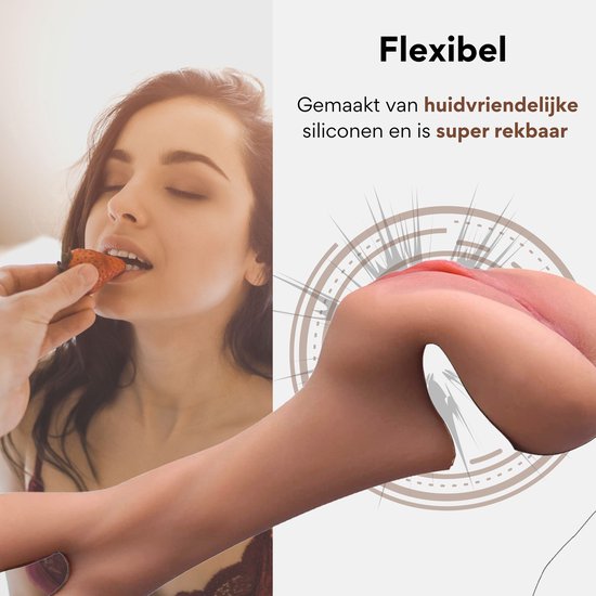 Een vrouw eet een aardbei. Naast haar, een roze flexibele silicone masturbator.