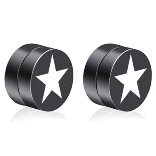 Magnetische heren oorbellen LGT Jewels Star Zwart Zilverkleurig 8mm