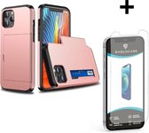 ShieldCase Kaarthouder case met slide geschikt voor Apple iPhone 12 Pro Max - hoesje met ruimte voor pasjes - pasjeshouder - hardcase - roze + glazen Screen Protector
