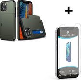 ShieldCase Kaarthouder case met slide geschikt voor Apple iPhone 12 Pro Max 6.7 inch - groen + glazen Screen Protector