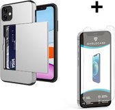 ShieldCase Kaarthouder case met slide geschikt voor Apple iPhone 12 Mini - 5.4 inch - zilver + glazen Screen Protector