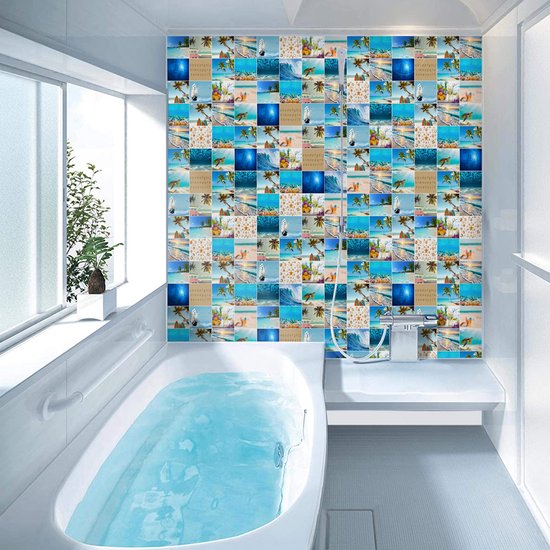 Plaktegels - Zelfklevende Tegels - 15x15 cm - Ulticool - Strand Zee Aquarium Surfplank Hout Schelpen Zand Decoratie - 15 stuks - Decoratie Sticker Tegels - Plakfolie Tegelstickers - Achterwand voor de Muur Badkamer - Keukenwand Keuken - Sticktiles