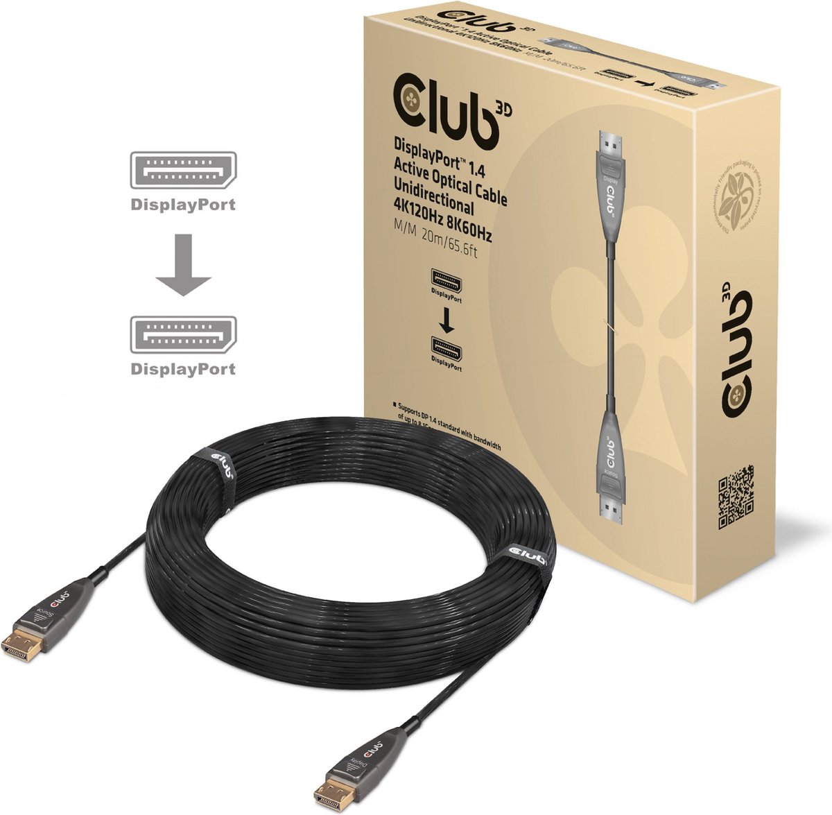 DISPLAYPORT 1.4 ACTIVE OPTICAL CABLE UNIDIRECTIONAL MALE / MALE 20 METERS/65.62FT .8K @60HZ