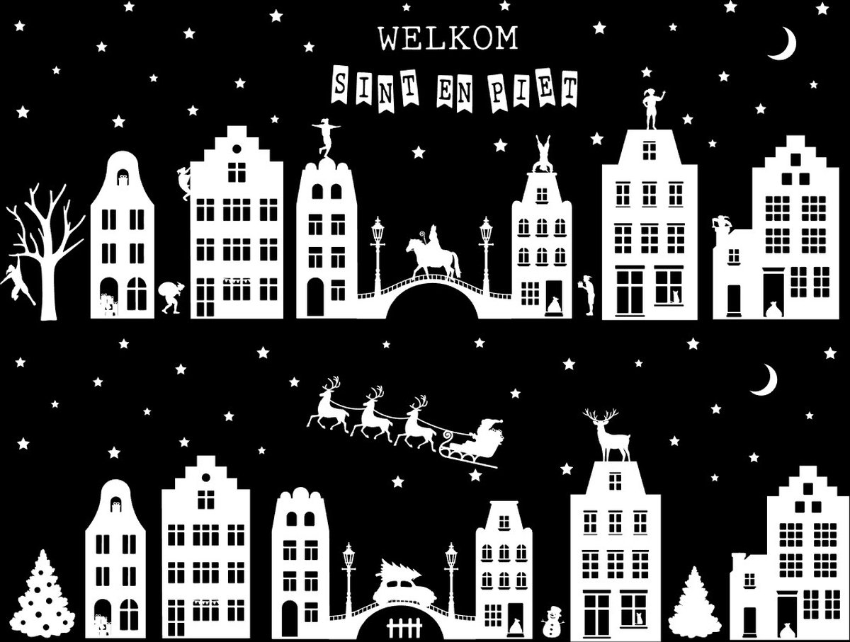 XL Raamsticker Sint en Kerst statisch wit 130-160cm - Raamsticker Kerst - Raamsticker Sint - Kerst raamstickers - Sint raamstickers