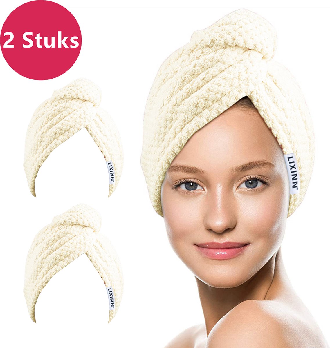 LIXIN 2 Stuks Haarhanddoek - Beige - Haar Drogen Handdoeken - Microfiber - Haar Tulband - Handdoek - Sneldrogend - Super Absorberend - Zachte stof - Haar Cap