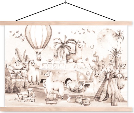 Posterhanger incl. Poster - Schoolplaat - Kinderen - Alpaca - Luchtballon - Jongetje - Meisjes - 150x100 cm - Blanke latten