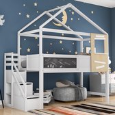 Home bed ledikant 200x90cm - houten jeugdbed met trap en raam lattenbodem kinderbed met 3 lades - geschikt voor jongens en meisjes - met anti-val rail - wit