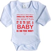 La Petite Couronne Romper Lange Mouw "Jingle bells Jingle bells, Jingle all the way. Oh what fun it is to say, a baby is on the way" Unisex Katoen Wit/rood Maat 56