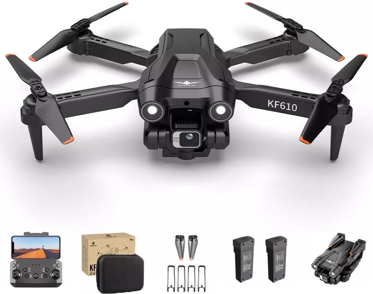 KF610 Zwart Quad Drone met HD Dual Camera´s - Gratis Extra Accu - Drones - Automatische Obstakel Ontwijking - Optische Flow Positionering voor nog Betere Stabiliteit - Gratis Opbergkoffer - Quadcopter